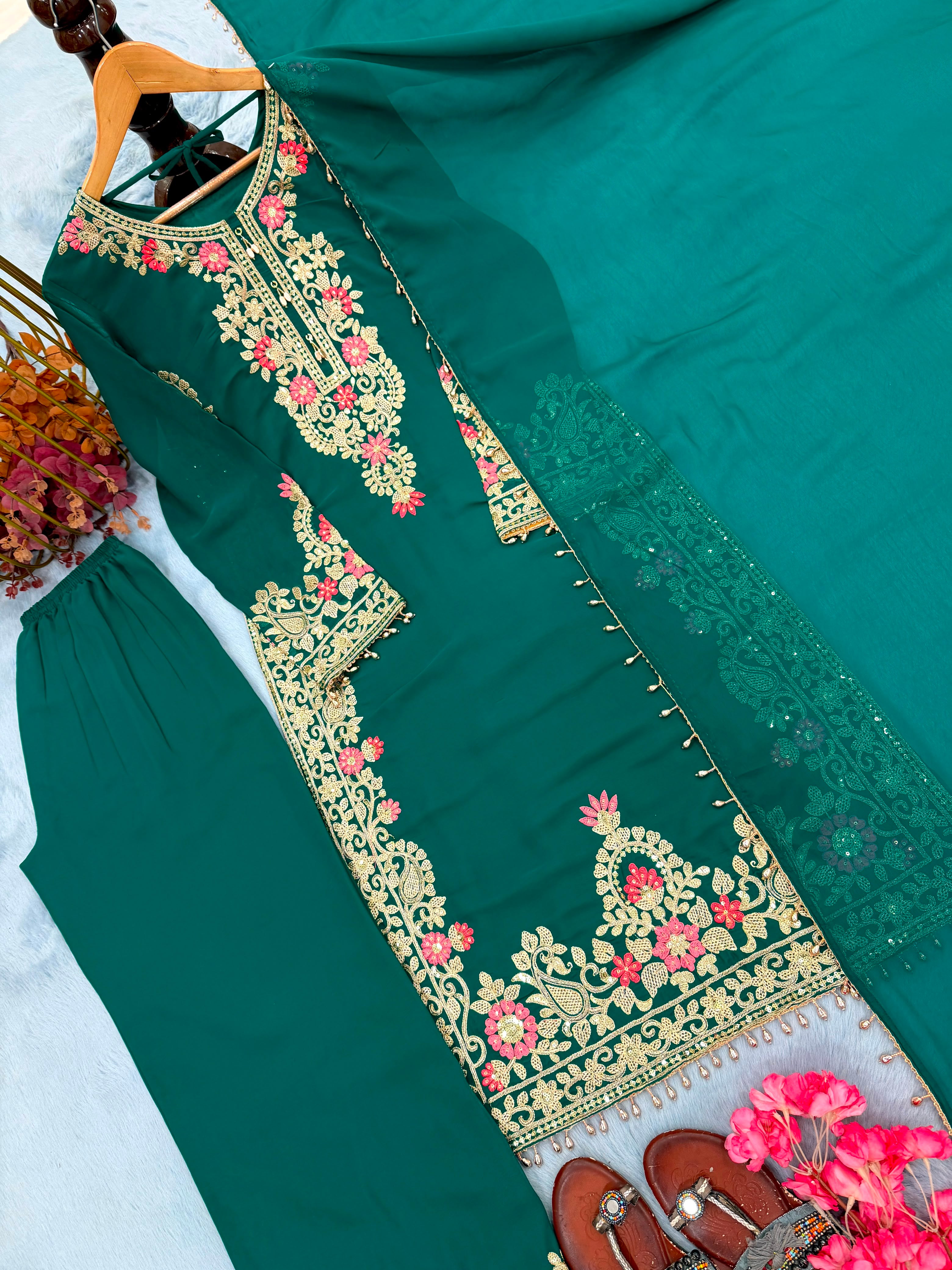 ZARIYAAN Emerald Heritage Heavy Embroidered 3-Piece Suit Set