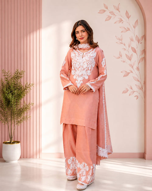 Rosé Blush Embroidered 3-Piece Kurta Palazzo Set with Dupatta