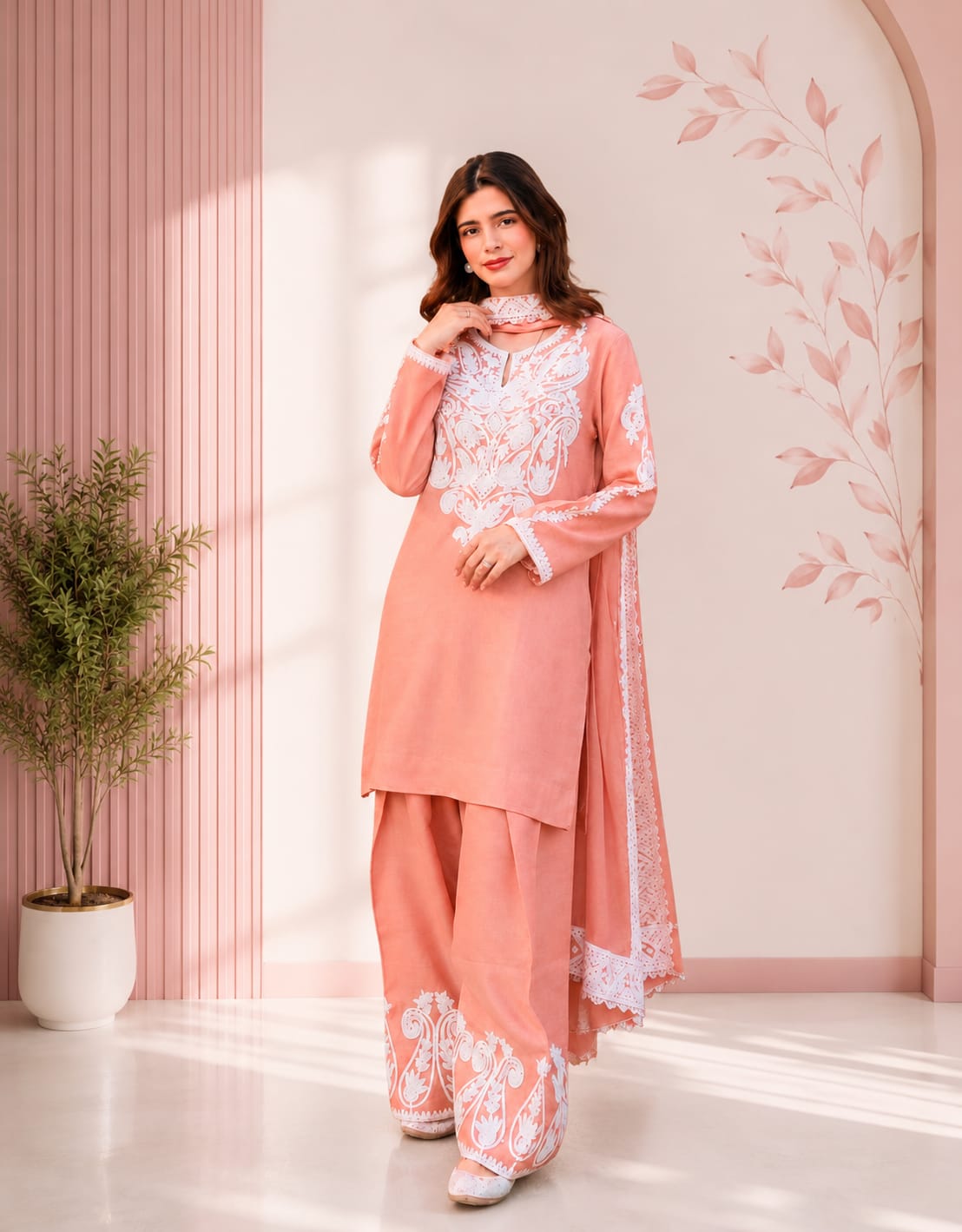 Rosé Blush Embroidered 3-Piece Kurta Palazzo Set with Dupatta