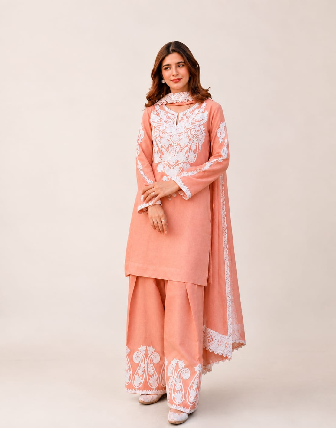 Rosé Blush Embroidered 3-Piece Kurta Palazzo Set with Dupatta