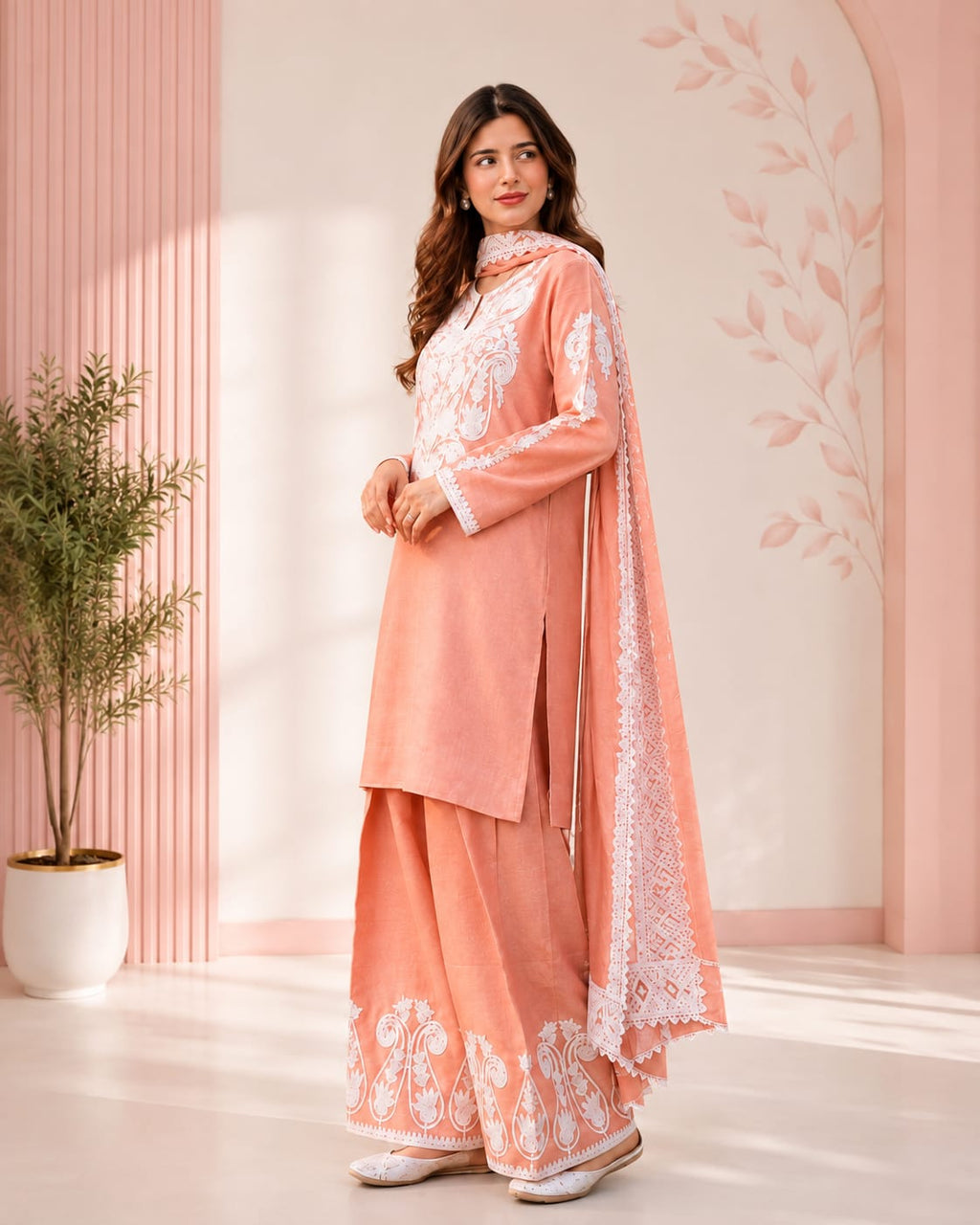 Rosé Blush Embroidered 3-Piece Kurta Palazzo Set with Dupatta