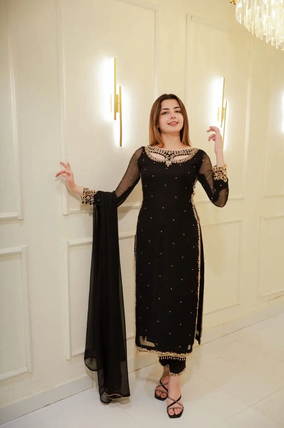 Noir Royale Black Pearl Moti & Golden Embroidered 3-Piece Kurti Set
