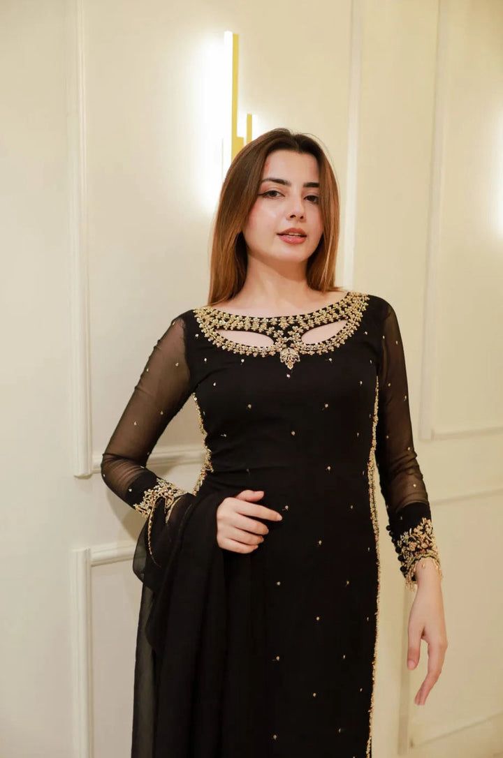 Noir Royale Black Pearl Moti & Golden Embroidered 3-Piece Kurti Set