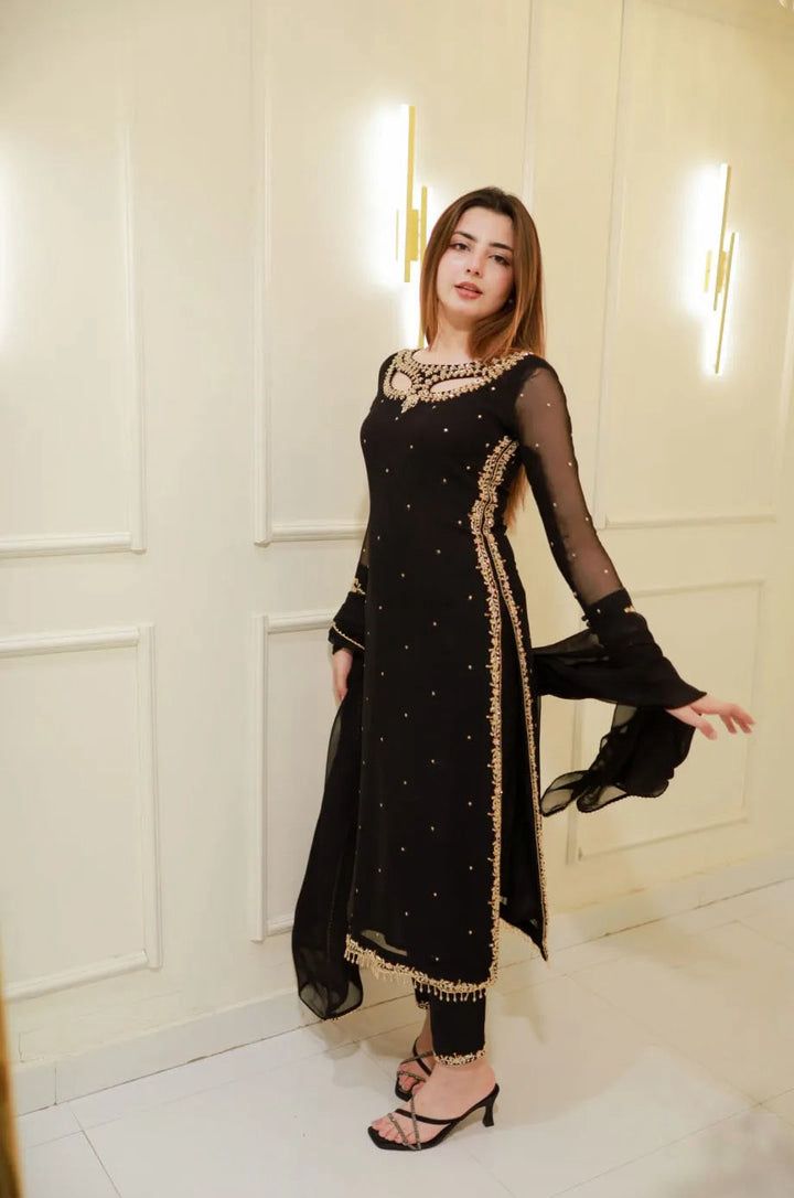 Noir Royale Black Pearl Moti & Golden Embroidered 3-Piece Kurti Set