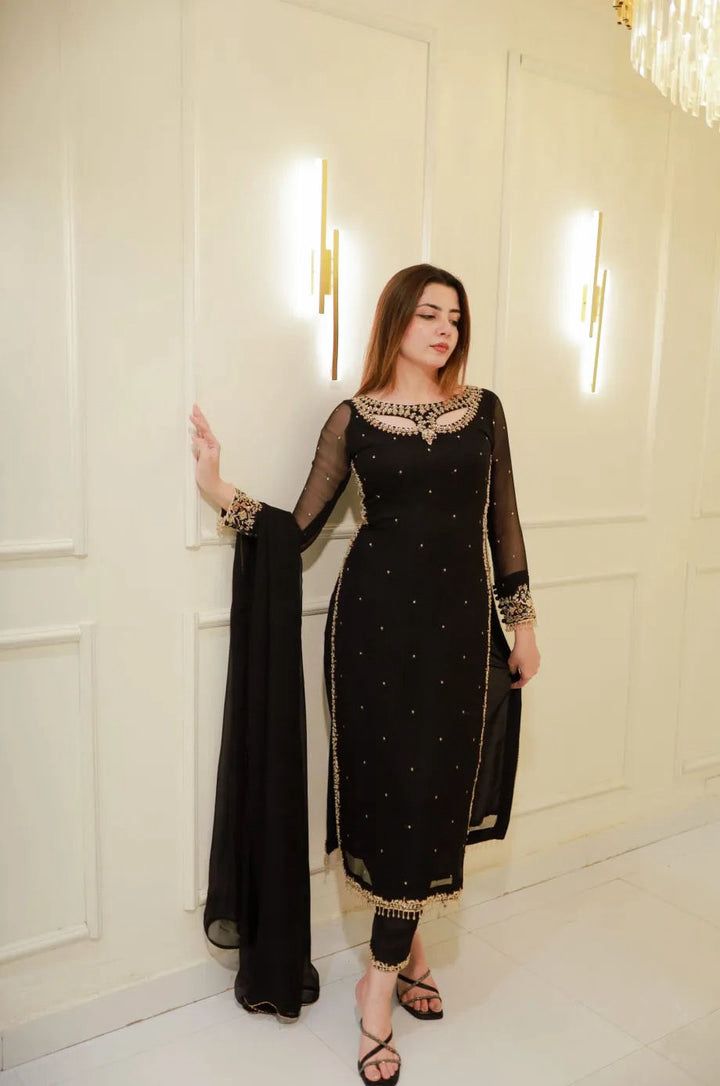 Noir Royale Black Pearl Moti & Golden Embroidered 3-Piece Kurti Set