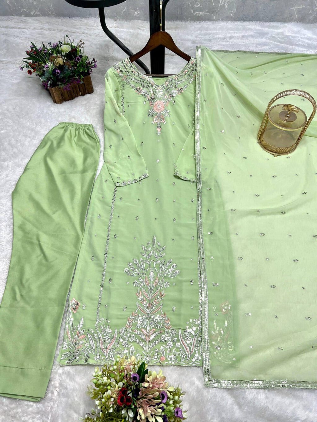 Pastel Green Embroidered Heavy Sequence Kurta Suit