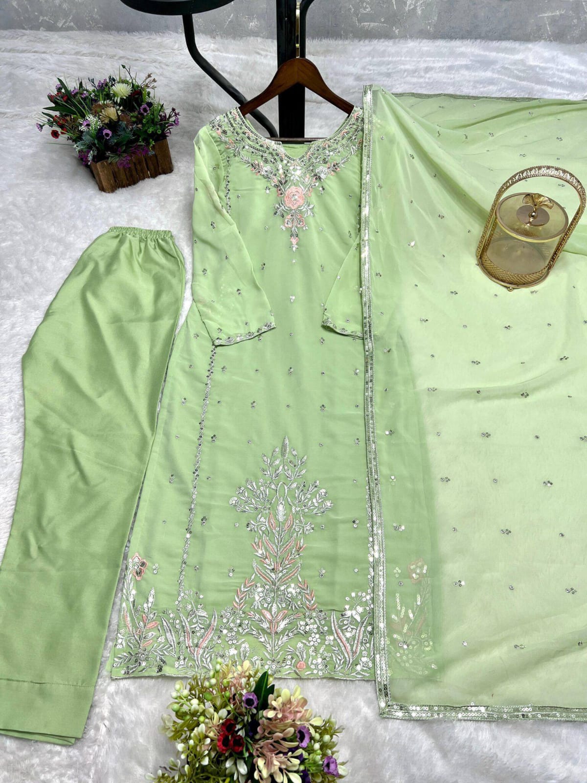 Pastel Green Embroidered Heavy Sequence Kurta Suit