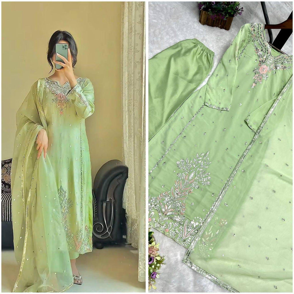 Pastel Green Embroidered Heavy Sequence Kurta Suit