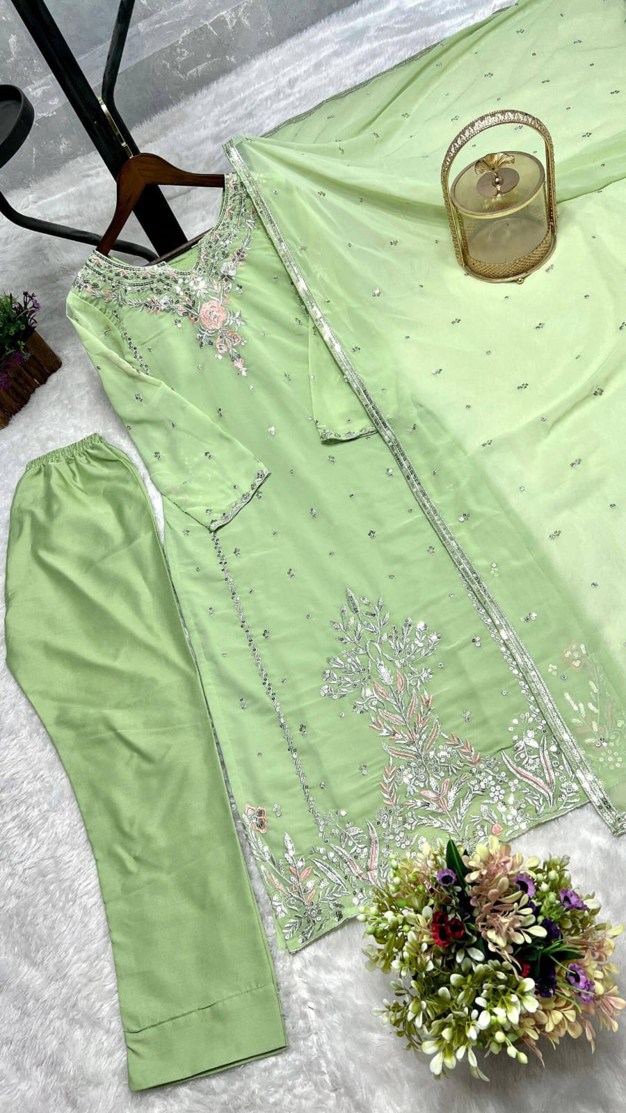 Pastel Green Embroidered Heavy Sequence Kurta Suit