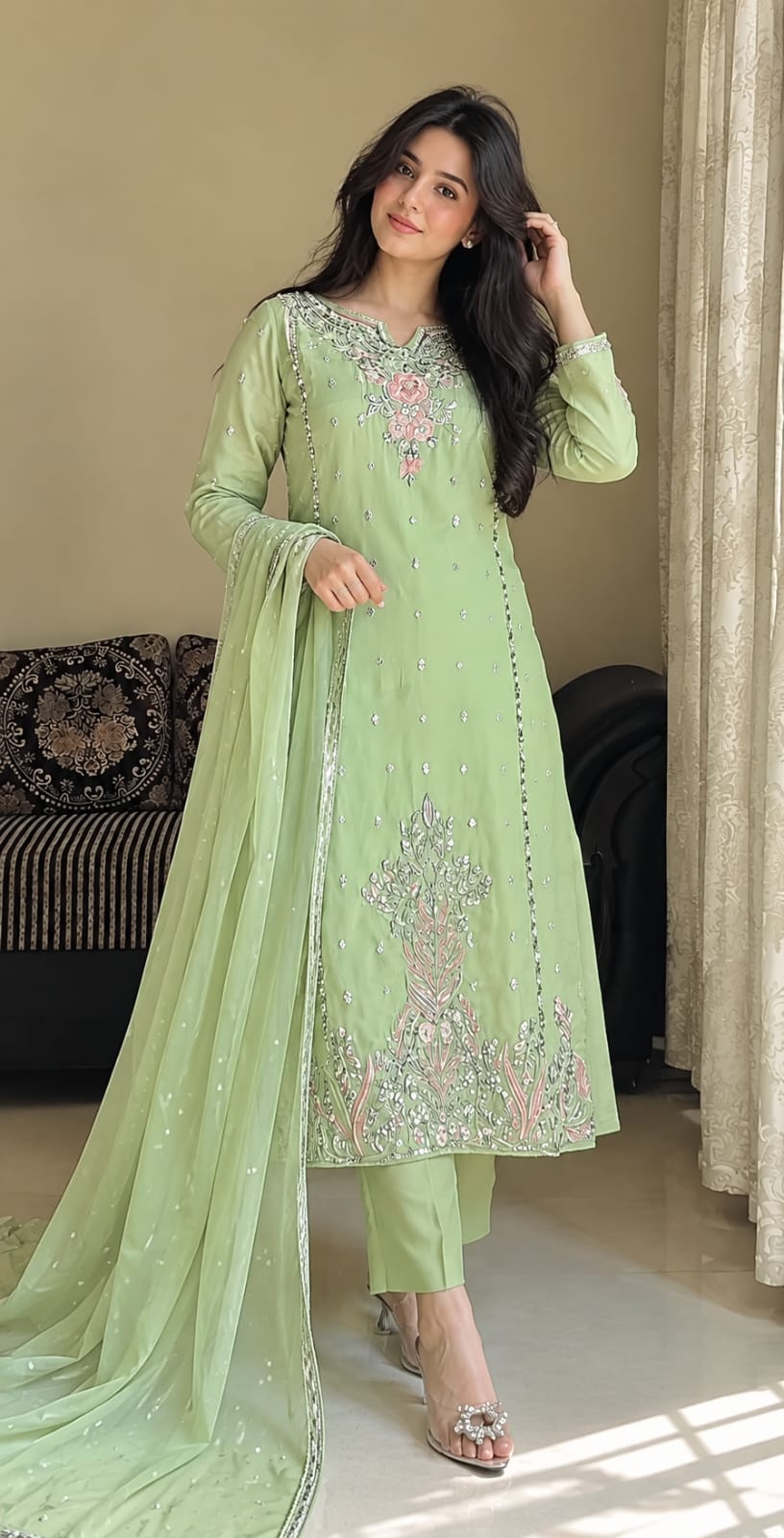 Pastel Green Embroidered Heavy Sequence Kurta Suit