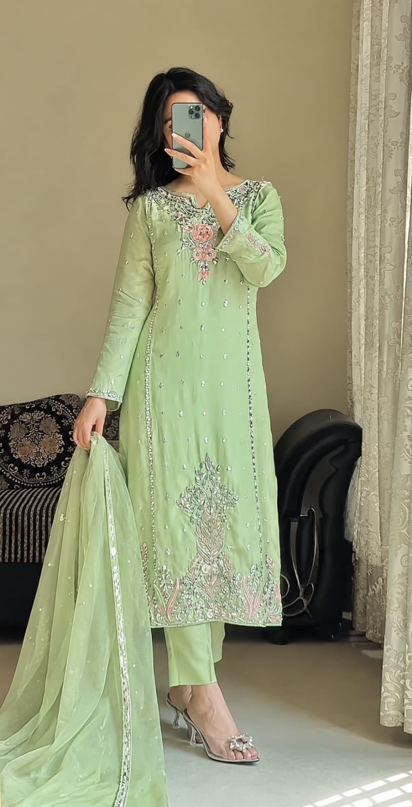 Pastel Green Embroidered Heavy Sequence Kurta Suit