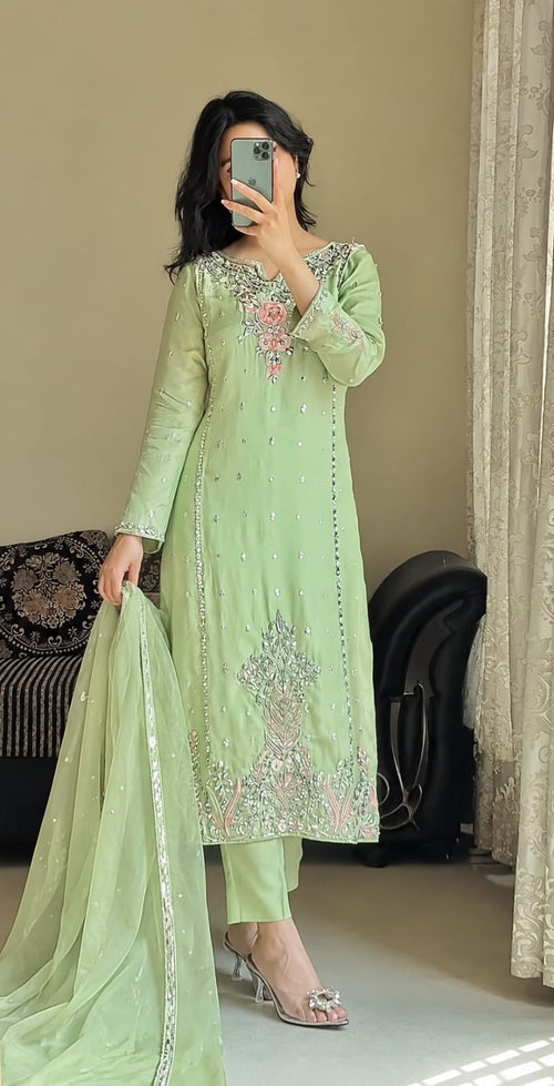 Pastel Green Embroidered Heavy Sequence Kurta Suit