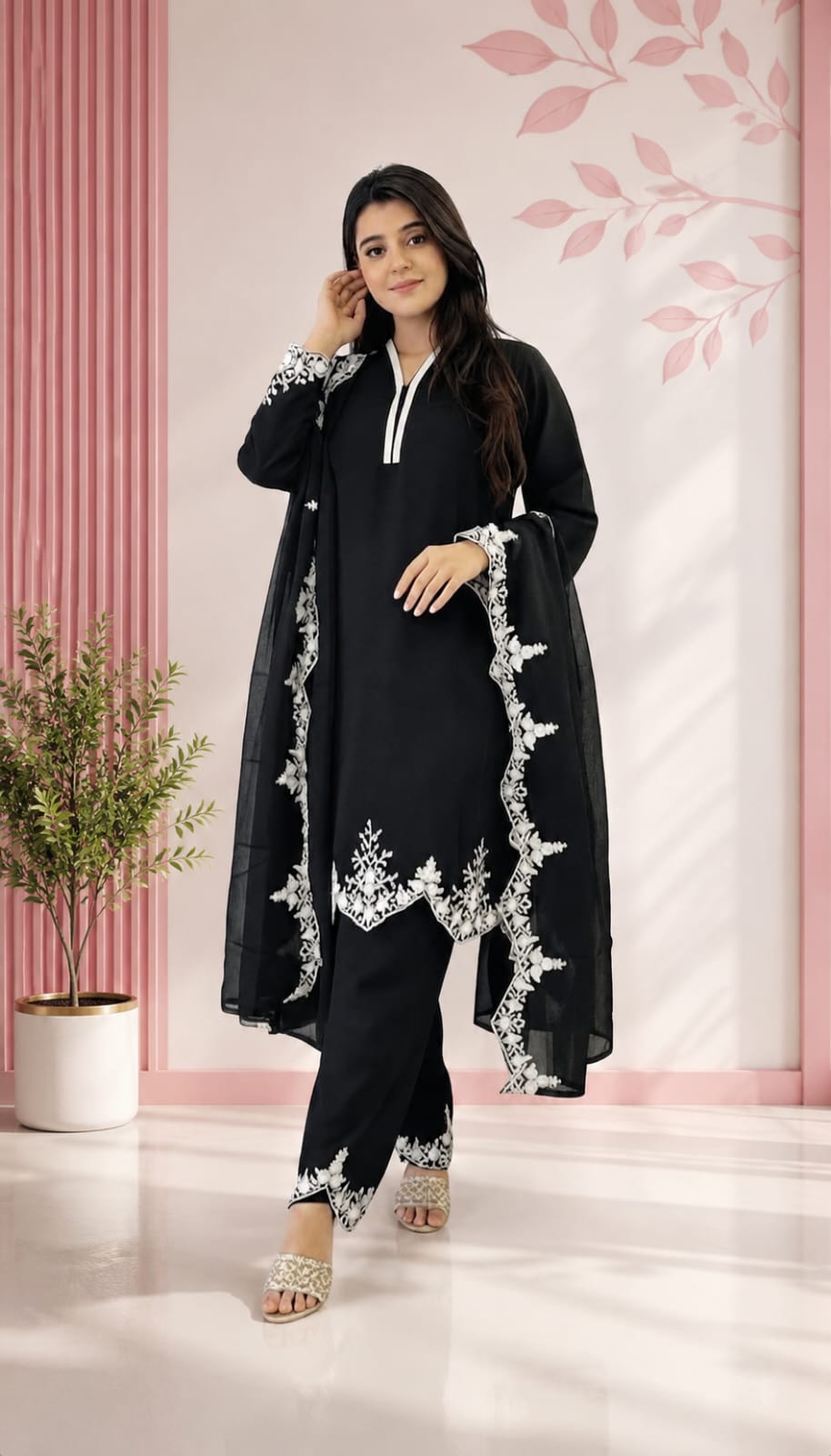 Zariyaan's Black Georgette 3 piece Suit With Black Embroidery Work
