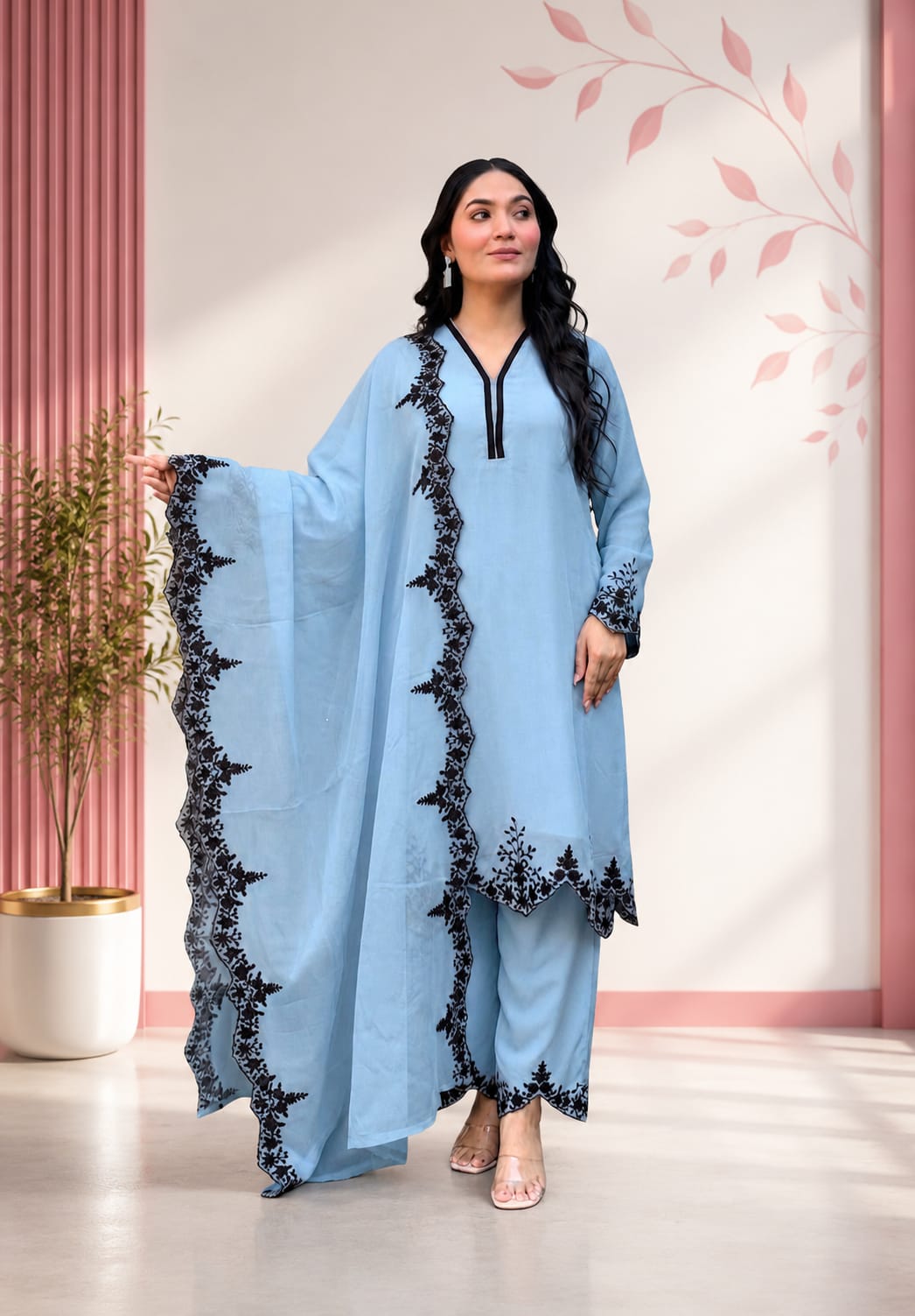 Zariyaan's Sky Georgette 3 piece Suit With Black Embroidery Work